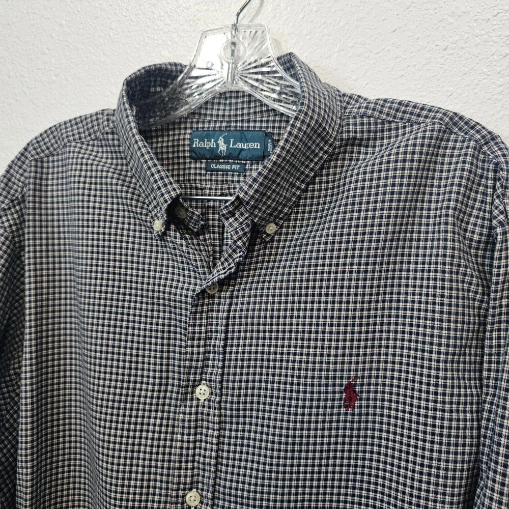 Ralph Lauren Mens XL‎ Classic Fit Shirt Navy Blue White Micro Check Long Sleeve